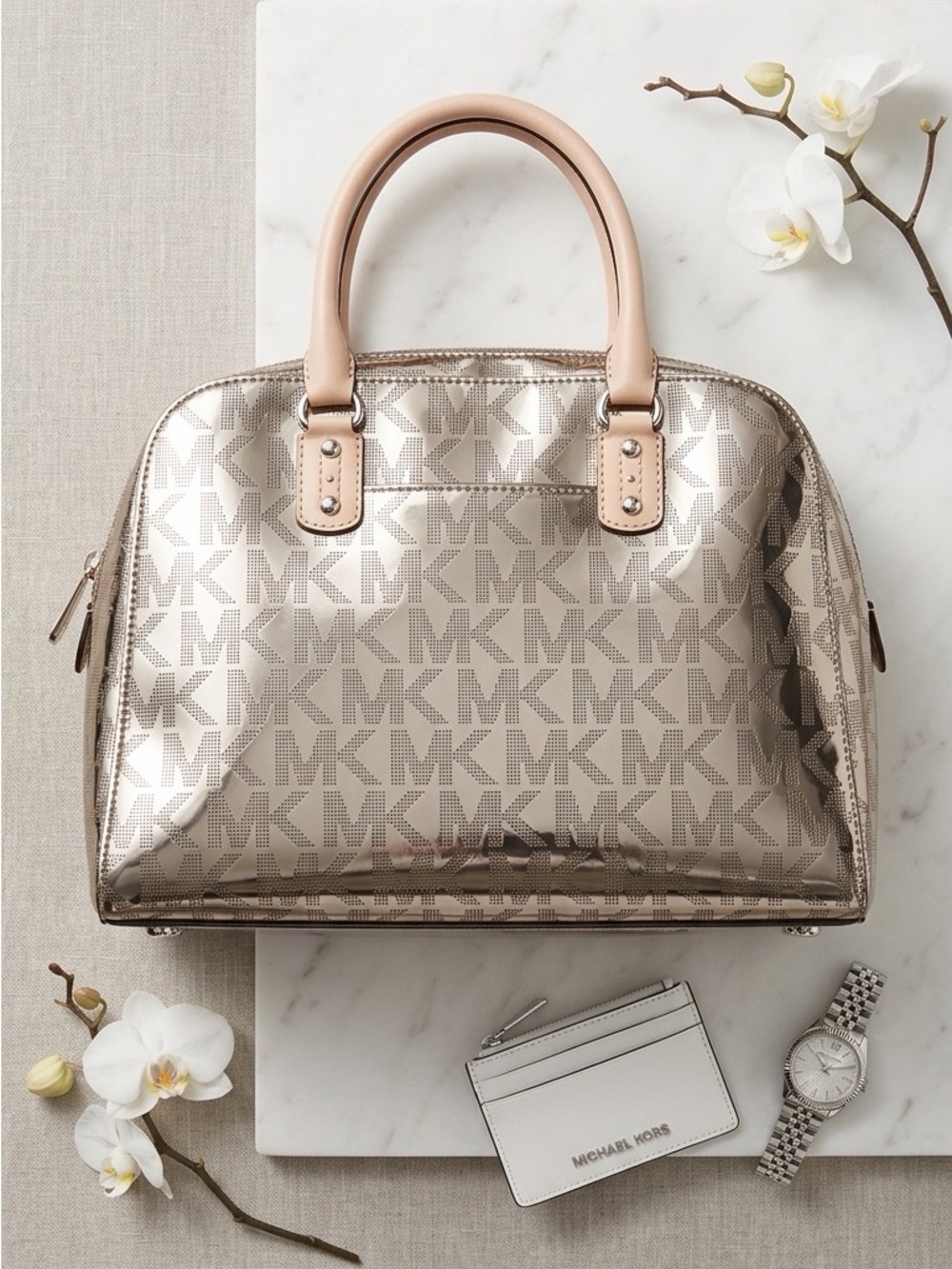 Michael Kors Metallic Champagne Logo Dome Satchel with Nude Handles